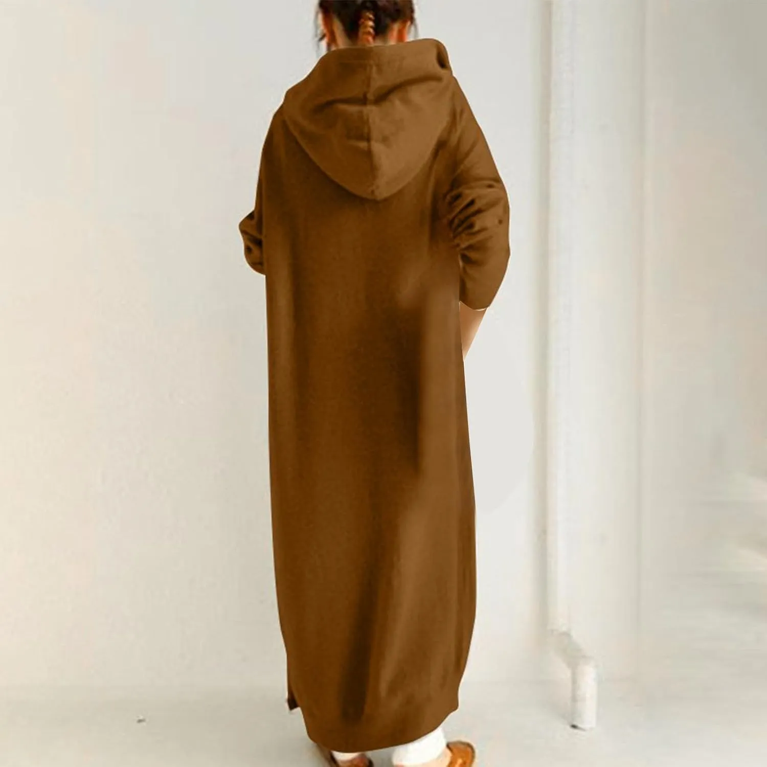 Long Hoodies for Women 2024 Fall Winter Trendy Full Zip Fleece Warm Hoodie Maxi Length Hooded Jacket with Pockets