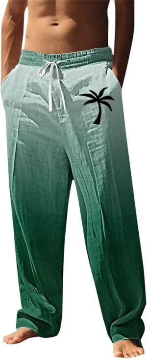 Mens Cotton Pants Coconut Tree Printed Drawstring Straight Leg Trousers Causal Baggy Summer Elastic Drawstring Waist