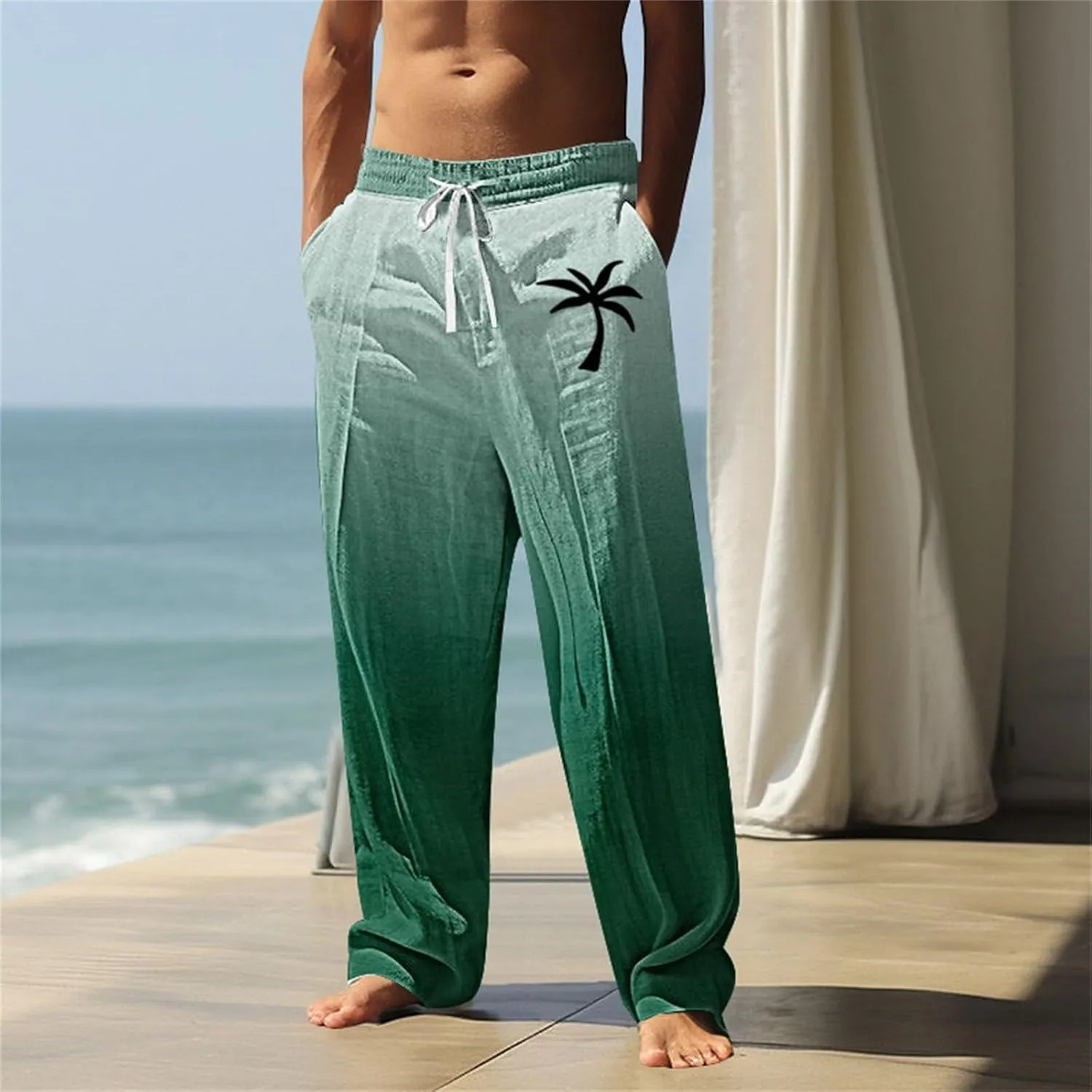 Mens Cotton Pants Coconut Tree Printed Drawstring Straight Leg Trousers Causal Baggy Summer Elastic Drawstring Waist
