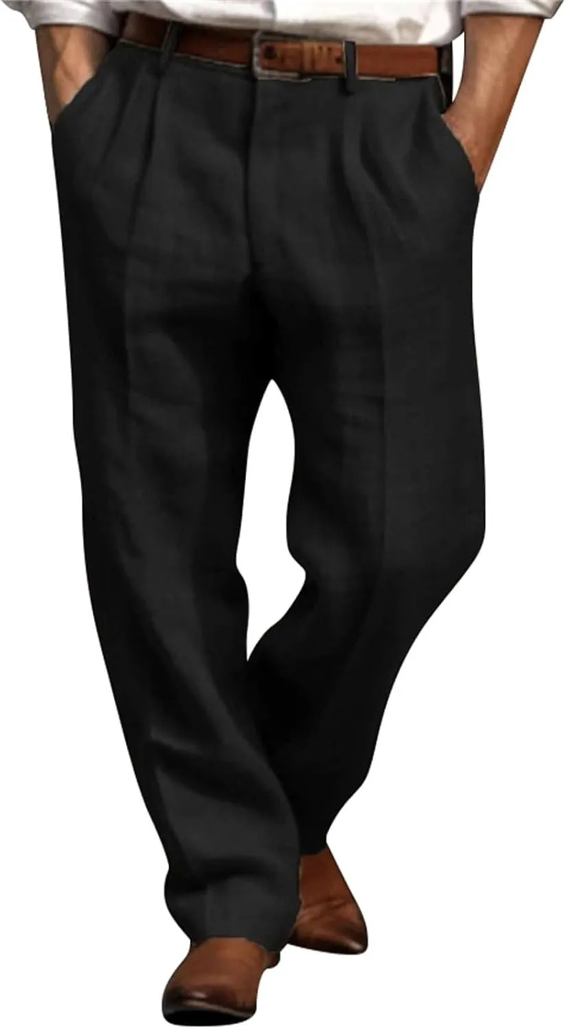Mens Linen Pants Big and Tall Classic Flat Front Chino Pants Casual Lightweight Straight Leg Summer Beach Trousers