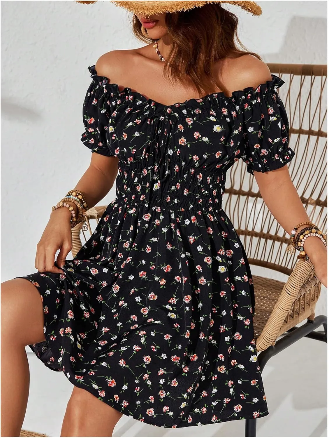 Milumia Women's Floral Off Shoulder Puff Sleeve Short Dress Boho Frill Trim A Line Mini Dresses