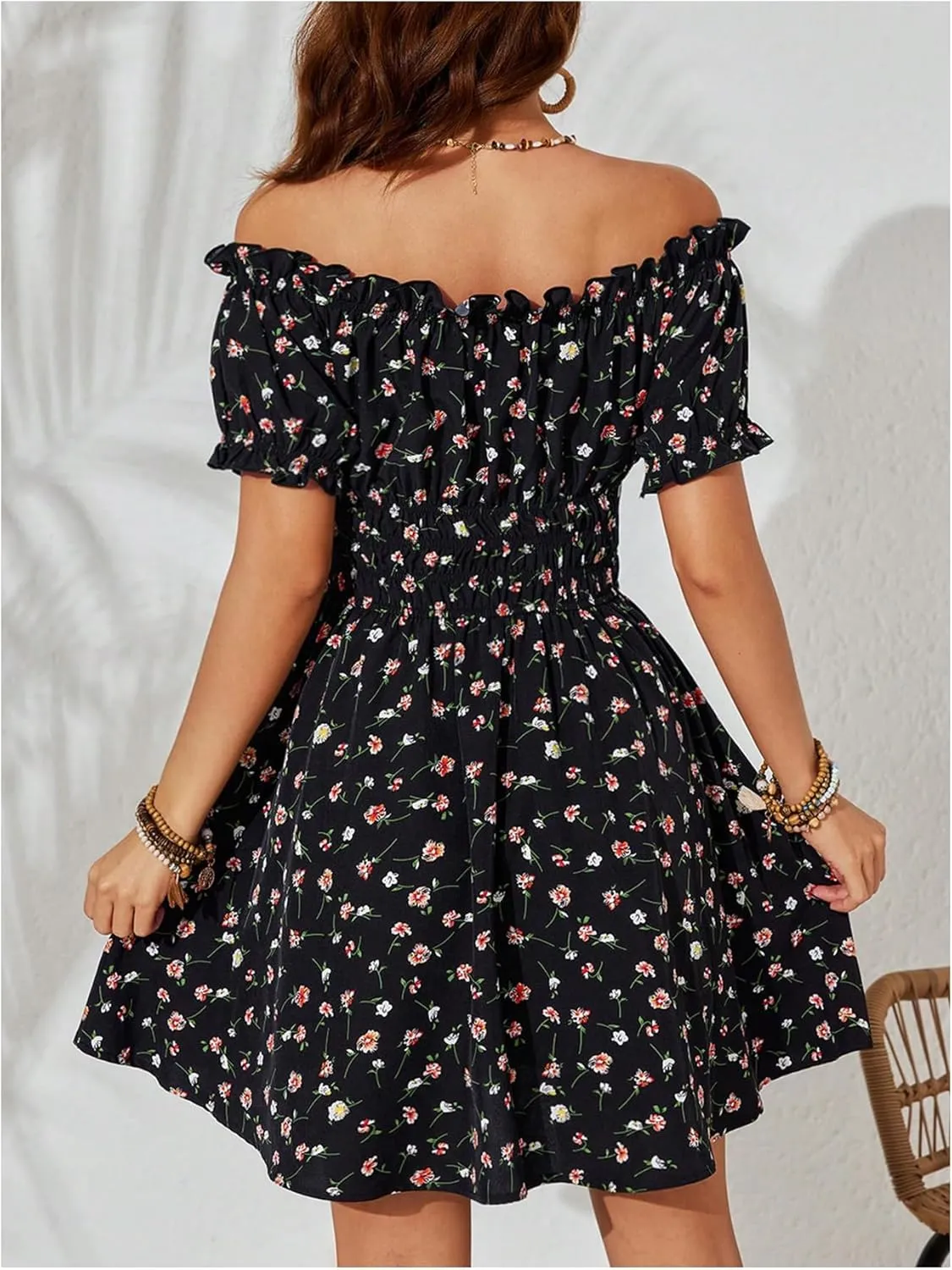 Milumia Women's Floral Off Shoulder Puff Sleeve Short Dress Boho Frill Trim A Line Mini Dresses