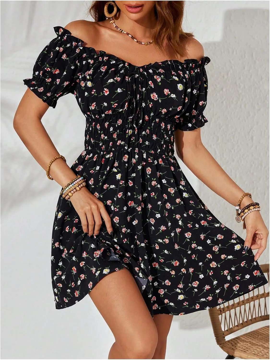 Milumia Women's Floral Off Shoulder Puff Sleeve Short Dress Boho Frill Trim A Line Mini Dresses