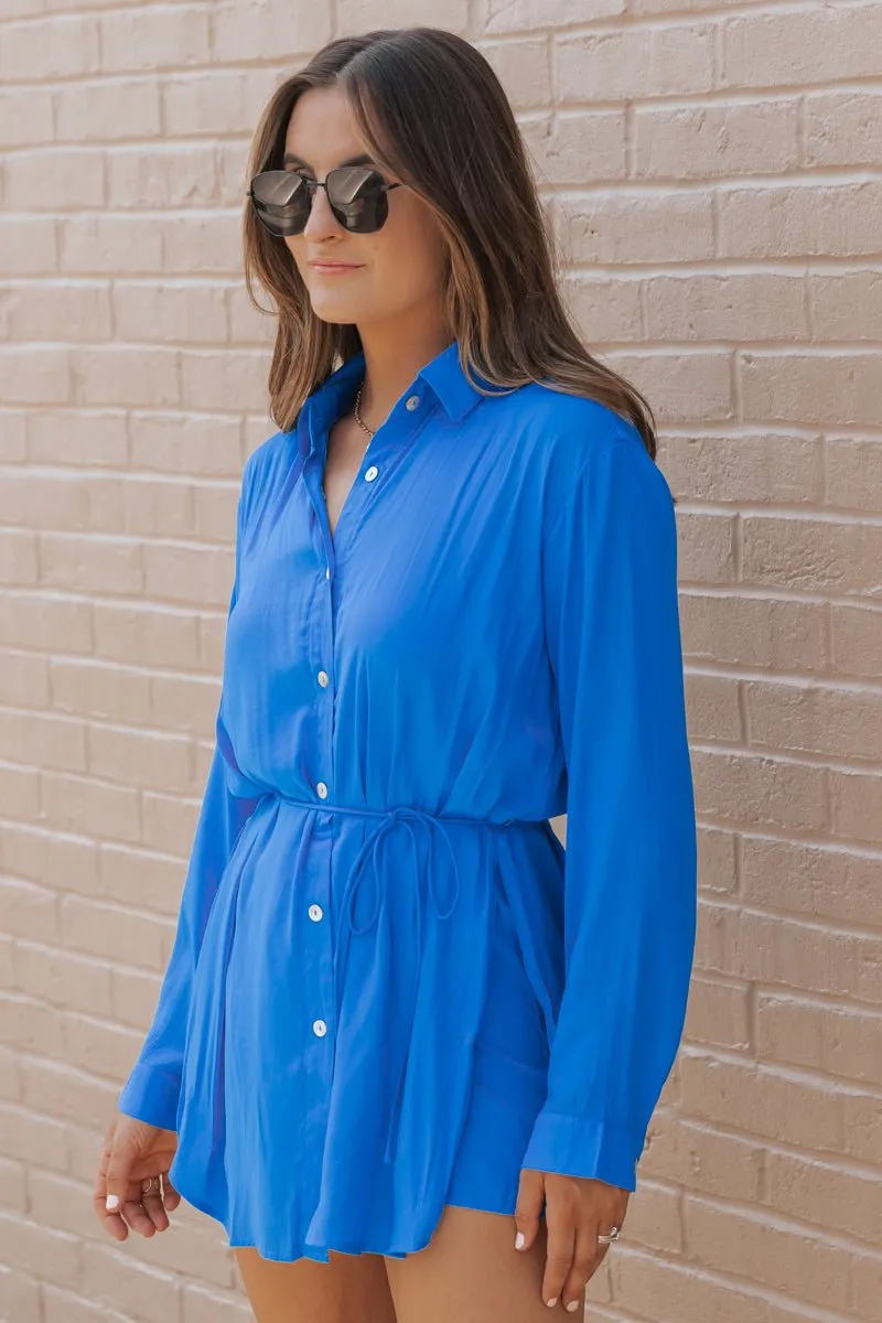 MUSE Satin Blue Shirt Romper - FINAL SALE