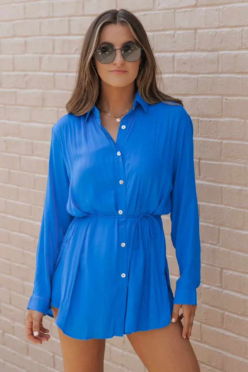 MUSE Satin Blue Shirt Romper - FINAL SALE