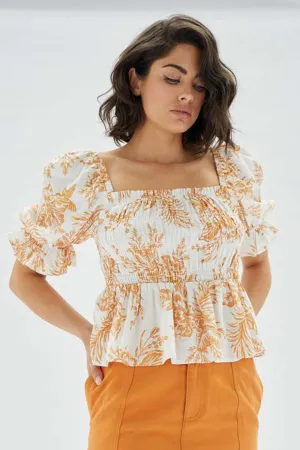 Naima Shirred Puff Sleeve White Gold Top
