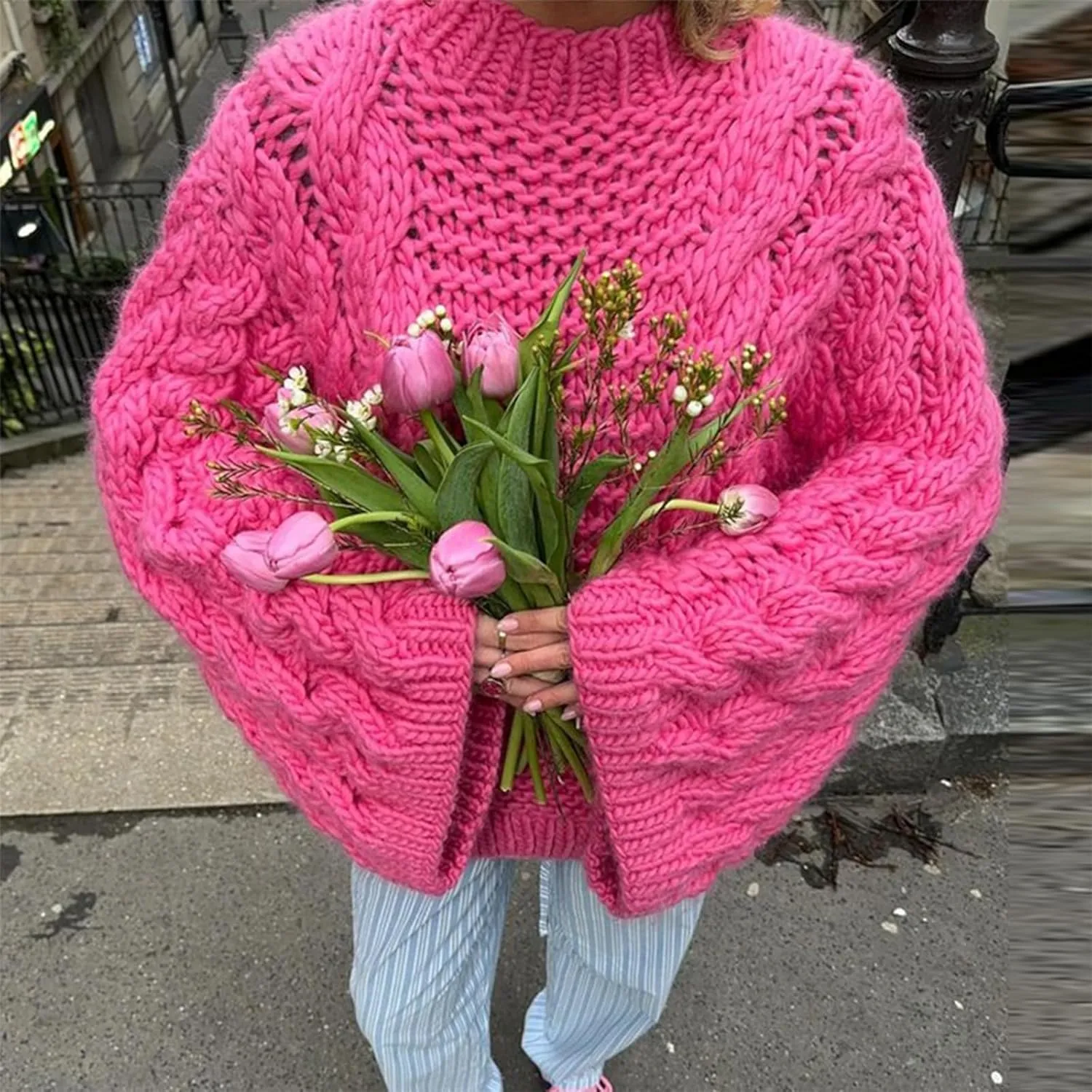 NRTHYE Women's Oversized Cable Knit Sweater Tops Loose Long Sleeves Crewneck Chunky Slouchy Baggy Pullover Sweaters