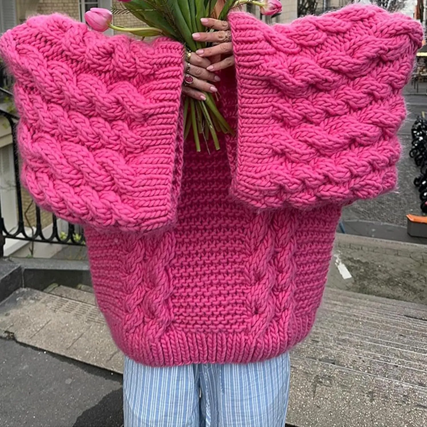 NRTHYE Women's Oversized Cable Knit Sweater Tops Loose Long Sleeves Crewneck Chunky Slouchy Baggy Pullover Sweaters