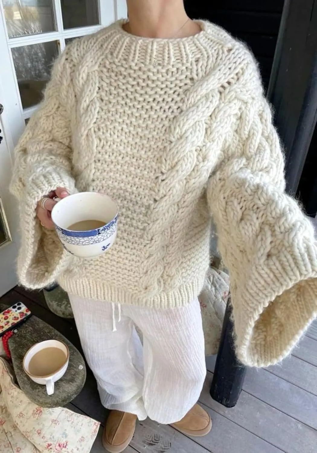 NRTHYE Women's Oversized Cable Knit Sweater Tops Loose Long Sleeves Crewneck Chunky Slouchy Baggy Pullover Sweaters