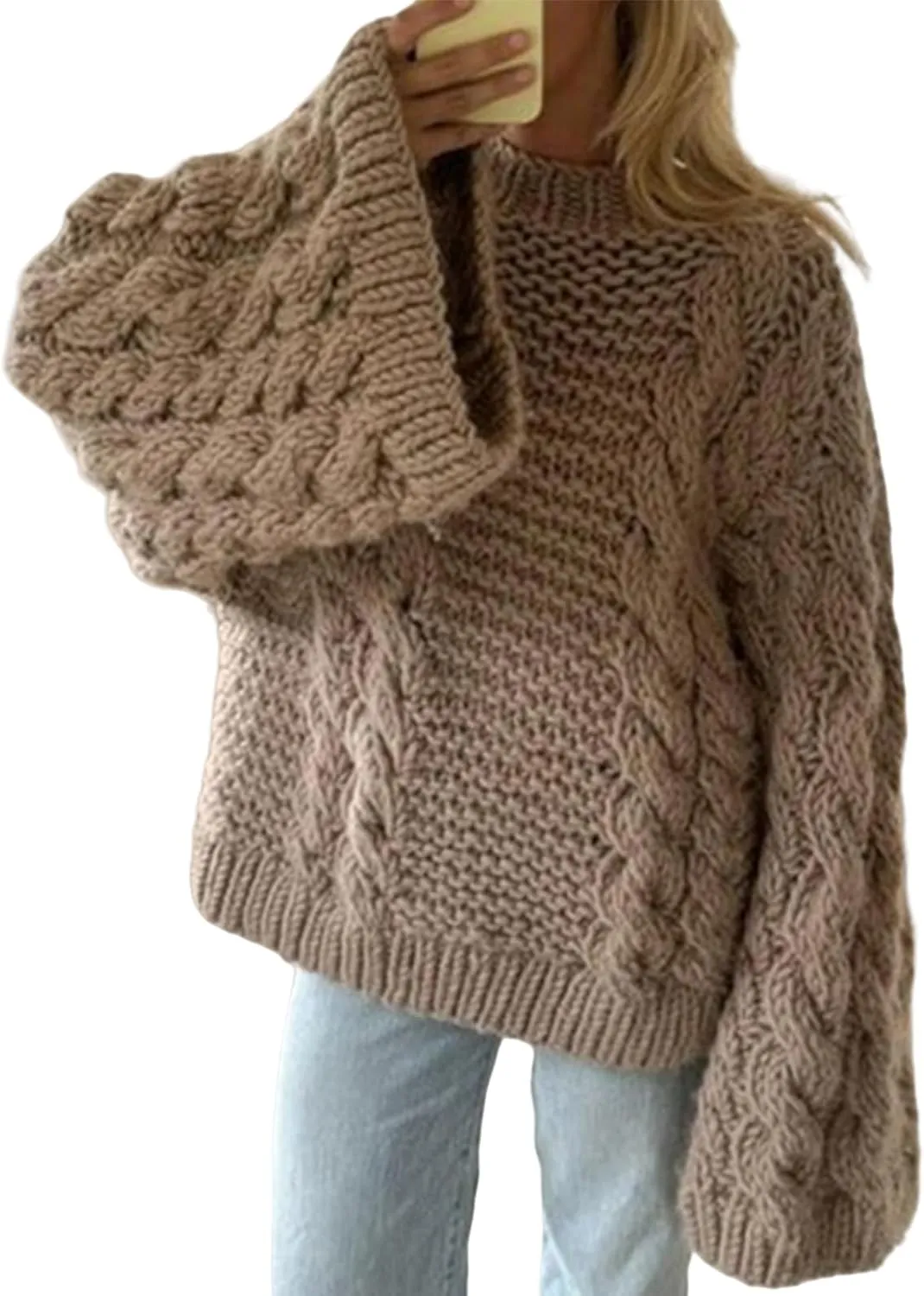 NRTHYE Women's Oversized Cable Knit Sweater Tops Loose Long Sleeves Crewneck Chunky Slouchy Baggy Pullover Sweaters