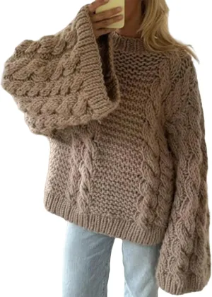 NRTHYE Women's Oversized Cable Knit Sweater Tops Loose Long Sleeves Crewneck Chunky Slouchy Baggy Pullover Sweaters