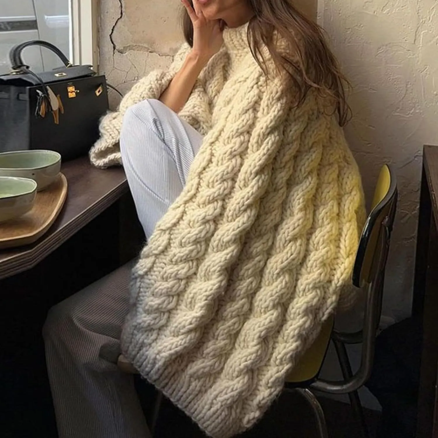 NRTHYE Women's Oversized Cable Knit Sweater Tops Loose Long Sleeves Crewneck Chunky Slouchy Baggy Pullover Sweaters