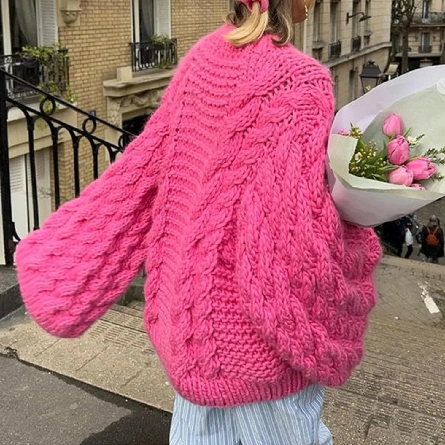 NRTHYE Women's Oversized Cable Knit Sweater Tops Loose Long Sleeves Crewneck Chunky Slouchy Baggy Pullover Sweaters
