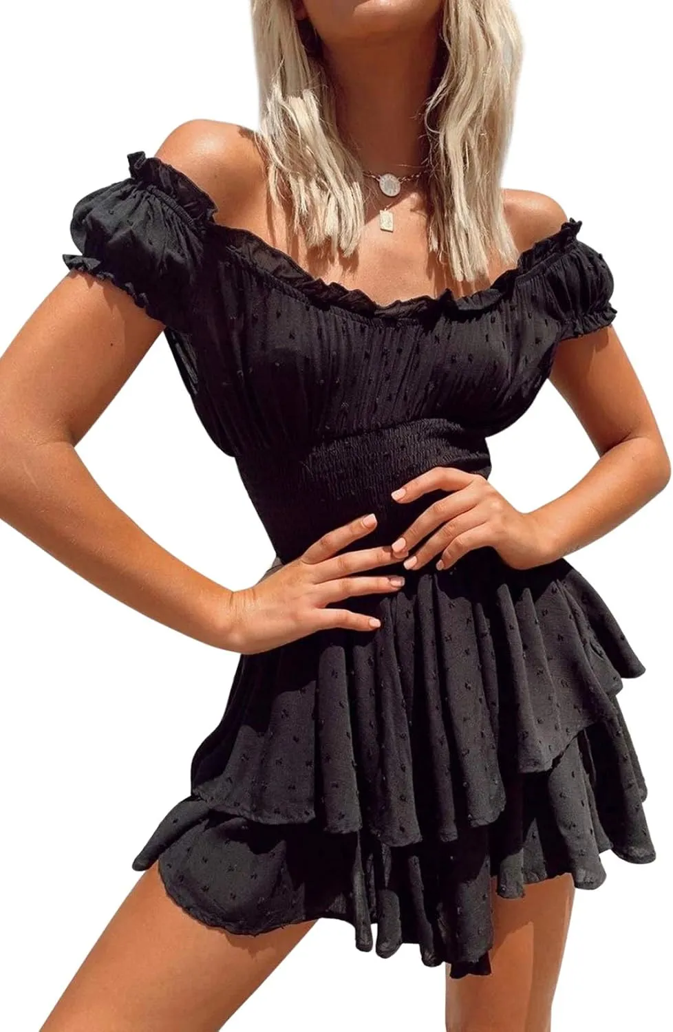 R.Vivimos Women's Summer Cotton Puff Sleeves Layered Ruffles Casual Boho Swing Mini Dresses