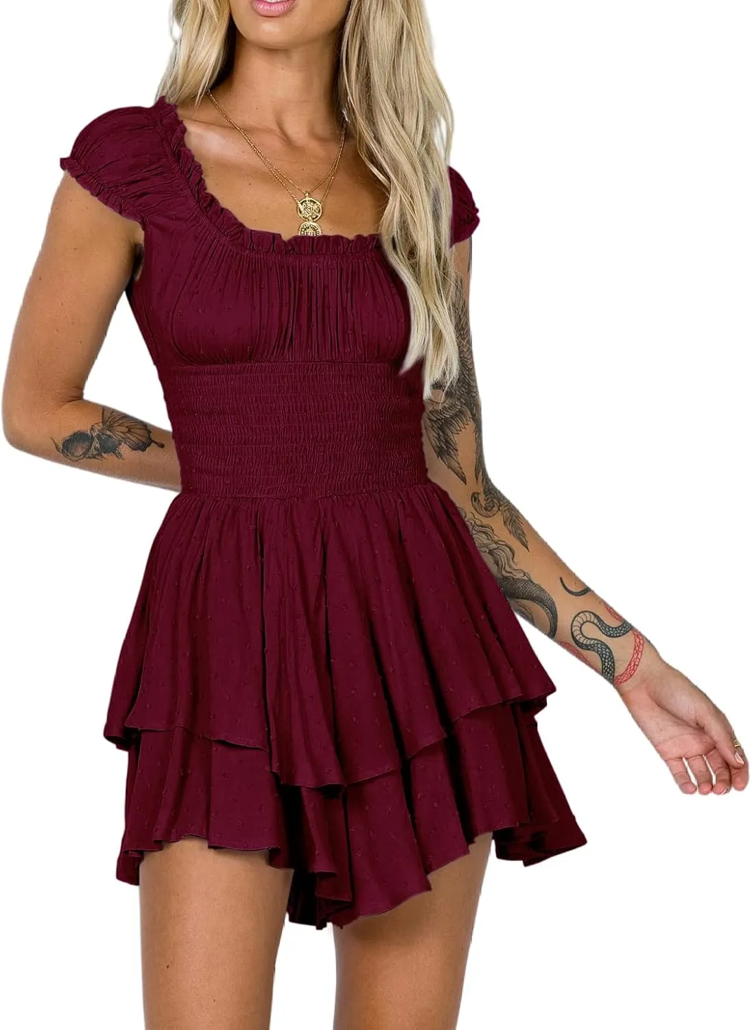 R.Vivimos Women's Summer Cotton Puff Sleeves Layered Ruffles Casual Boho Swing Mini Dresses