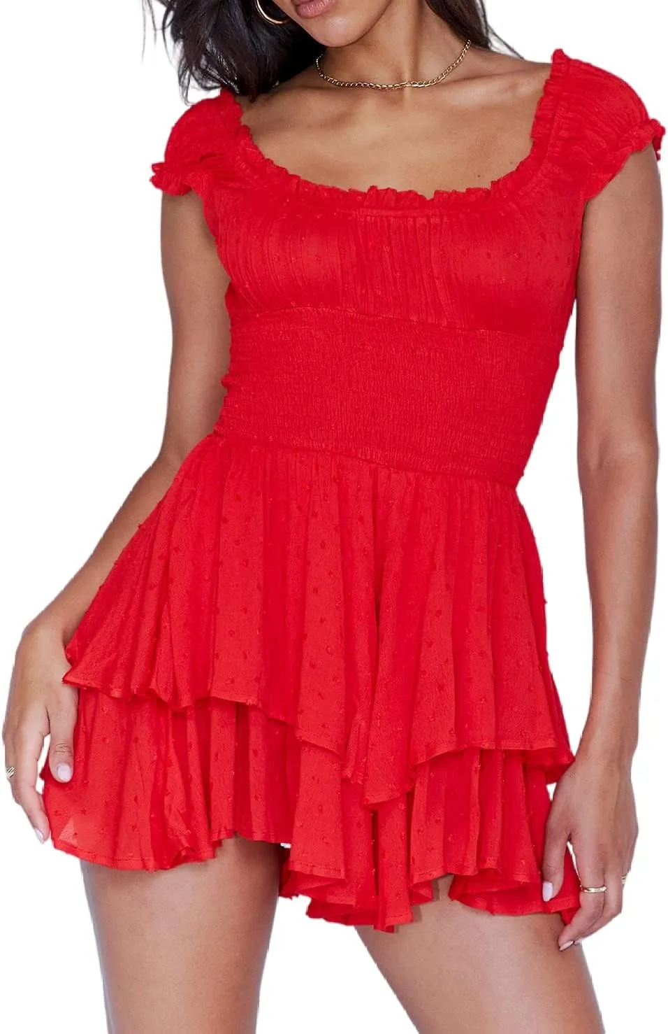 R.Vivimos Women's Summer Cotton Puff Sleeves Layered Ruffles Casual Boho Swing Mini Dresses