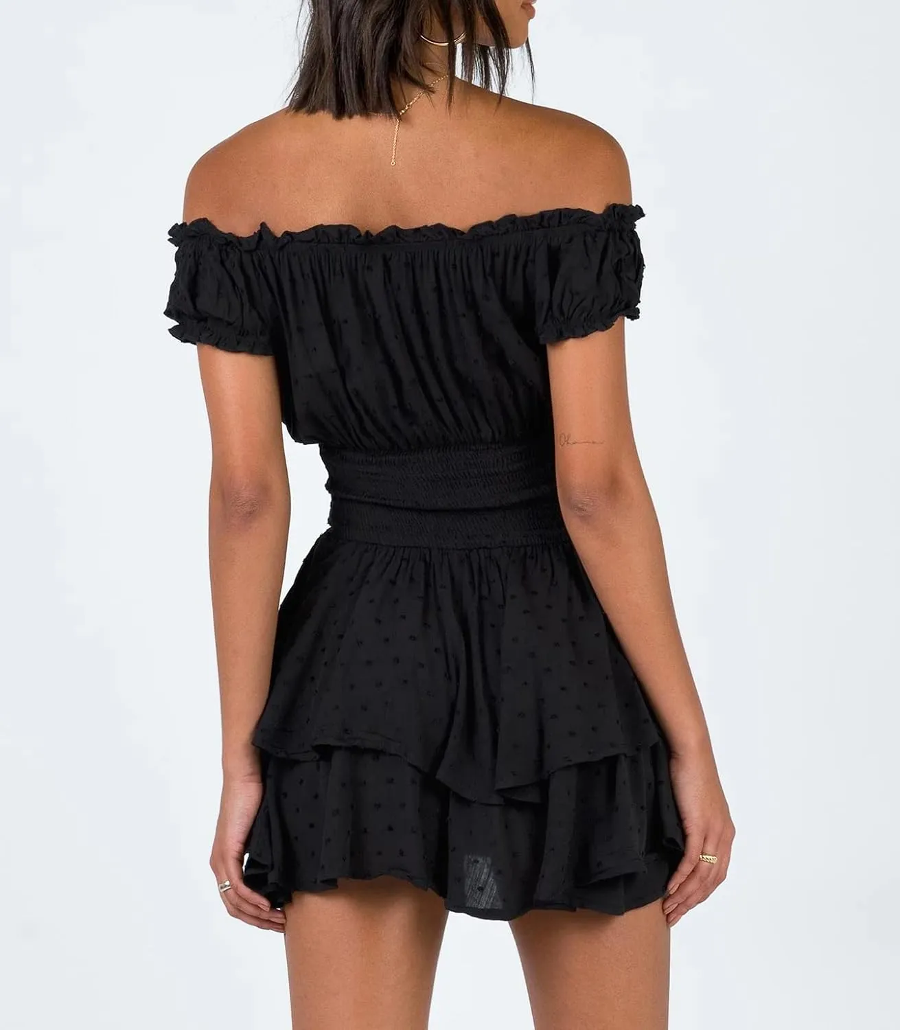 R.Vivimos Women's Summer Cotton Puff Sleeves Layered Ruffles Casual Boho Swing Mini Dresses