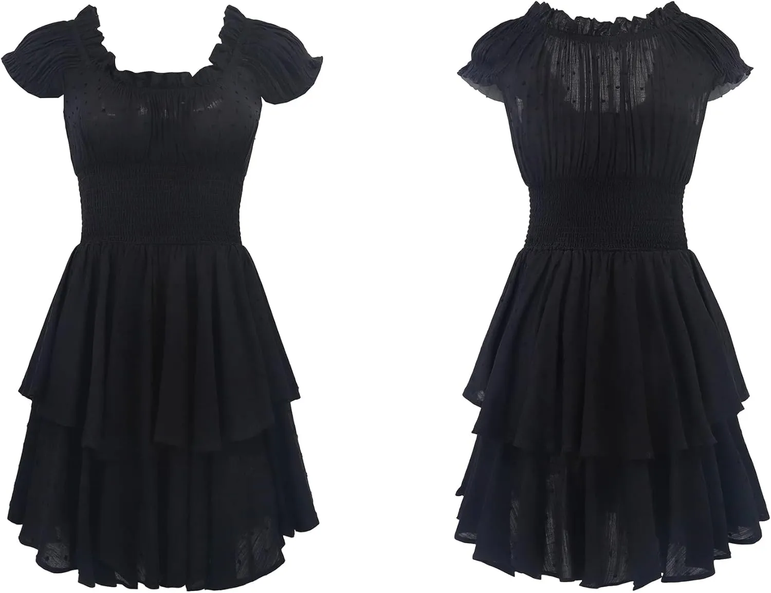 R.Vivimos Women's Summer Cotton Puff Sleeves Layered Ruffles Casual Boho Swing Mini Dresses