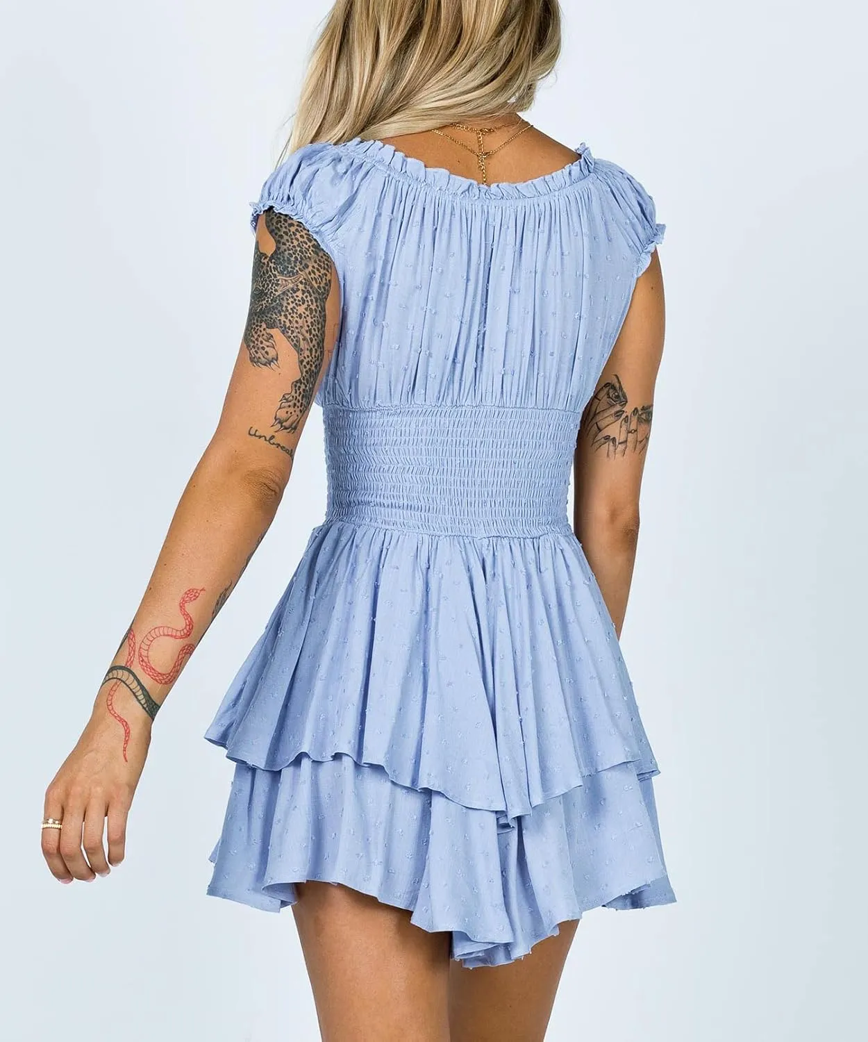 R.Vivimos Women's Summer Cotton Puff Sleeves Layered Ruffles Casual Boho Swing Mini Dresses
