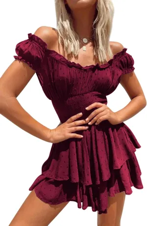 R.Vivimos Women's Summer Cotton Puff Sleeves Layered Ruffles Casual Boho Swing Mini Dresses