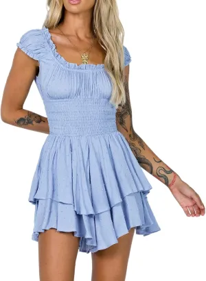 R.Vivimos Women's Summer Cotton Puff Sleeves Layered Ruffles Casual Boho Swing Mini Dresses