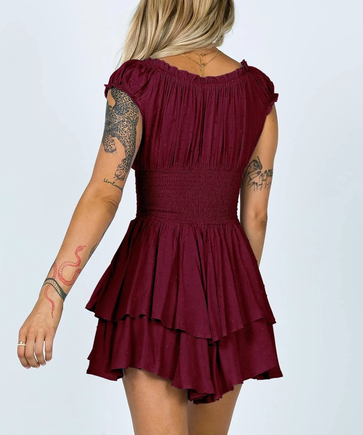 R.Vivimos Women's Summer Cotton Puff Sleeves Layered Ruffles Casual Boho Swing Mini Dresses