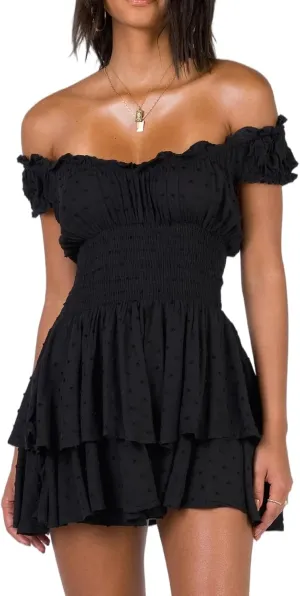 R.Vivimos Women's Summer Cotton Puff Sleeves Layered Ruffles Casual Boho Swing Mini Dresses