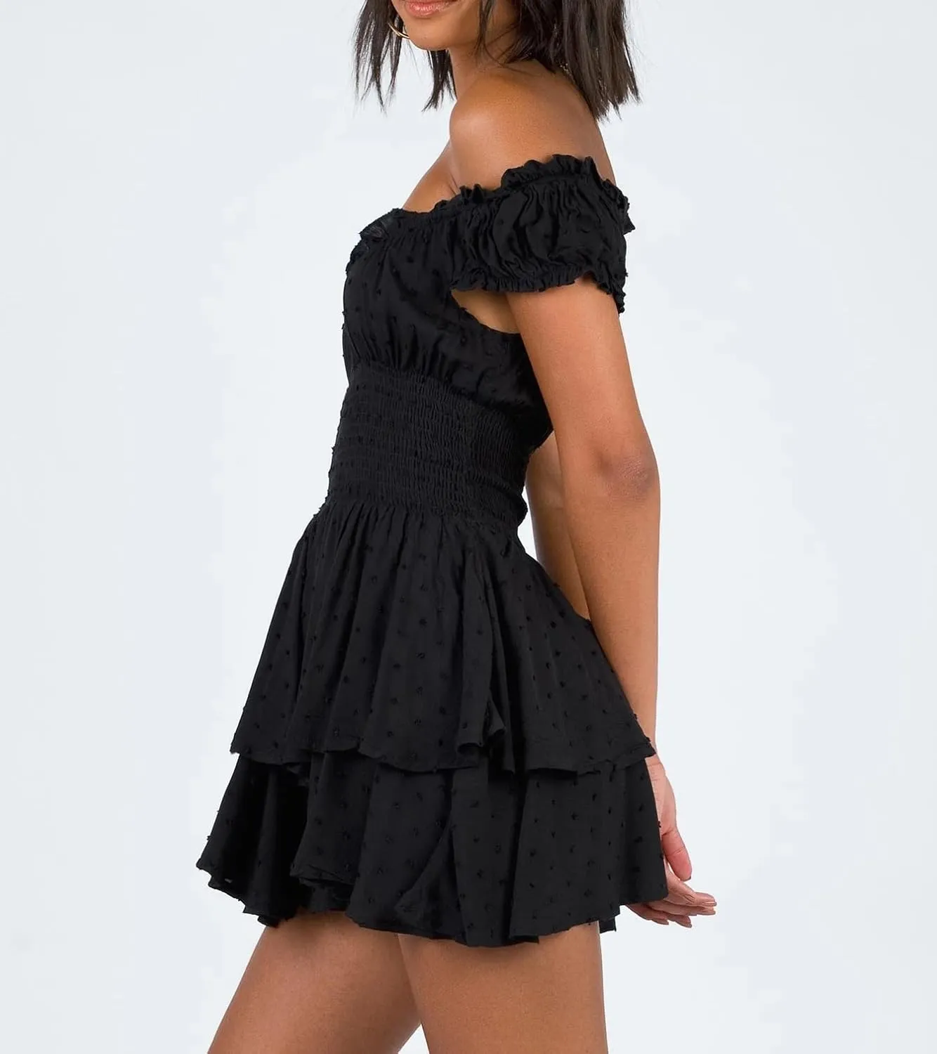 R.Vivimos Women's Summer Cotton Puff Sleeves Layered Ruffles Casual Boho Swing Mini Dresses