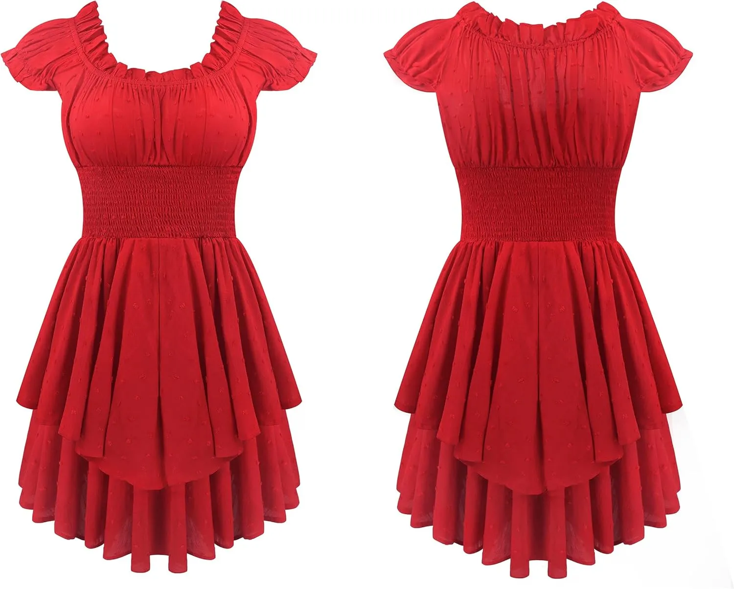 R.Vivimos Women's Summer Cotton Puff Sleeves Layered Ruffles Casual Boho Swing Mini Dresses