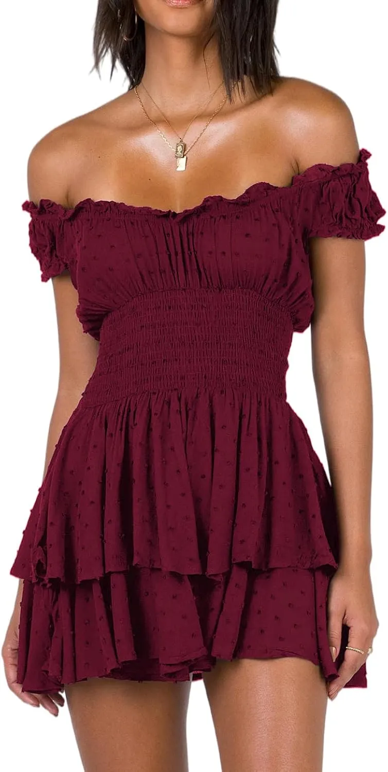 R.Vivimos Women's Summer Cotton Puff Sleeves Layered Ruffles Casual Boho Swing Mini Dresses