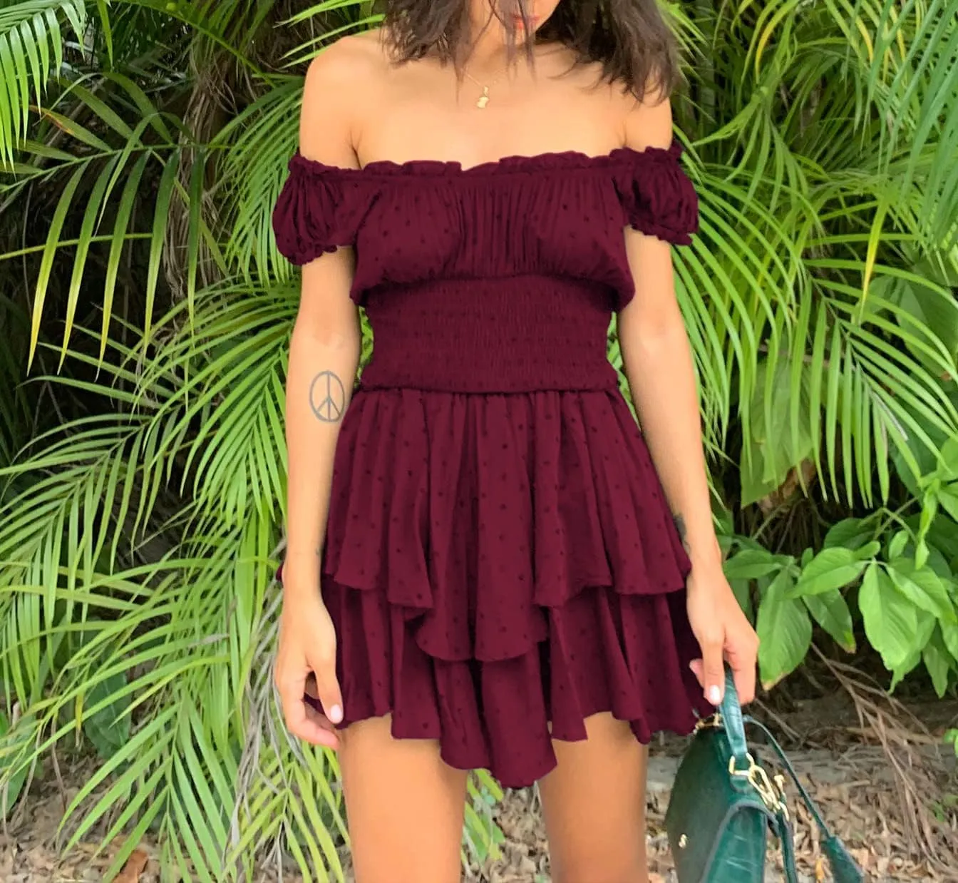 R.Vivimos Women's Summer Cotton Puff Sleeves Layered Ruffles Casual Boho Swing Mini Dresses
