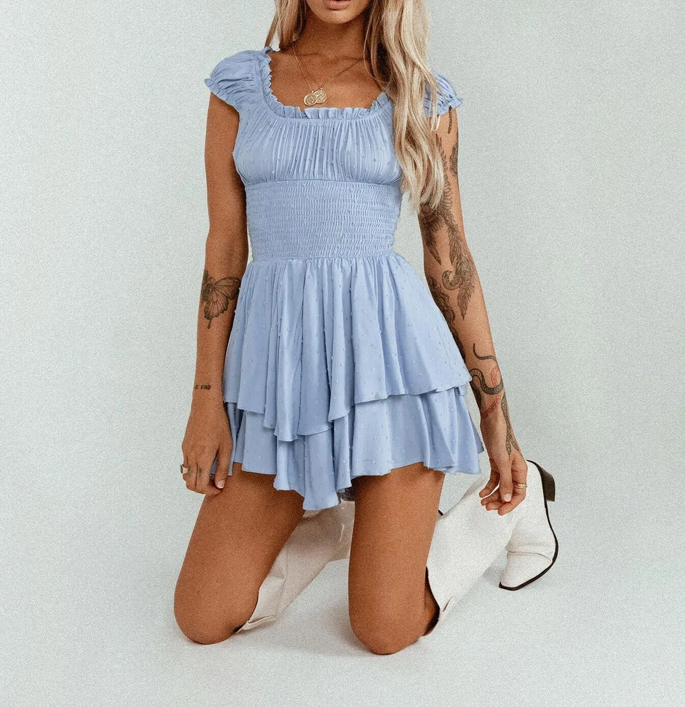 R.Vivimos Women's Summer Cotton Puff Sleeves Layered Ruffles Casual Boho Swing Mini Dresses