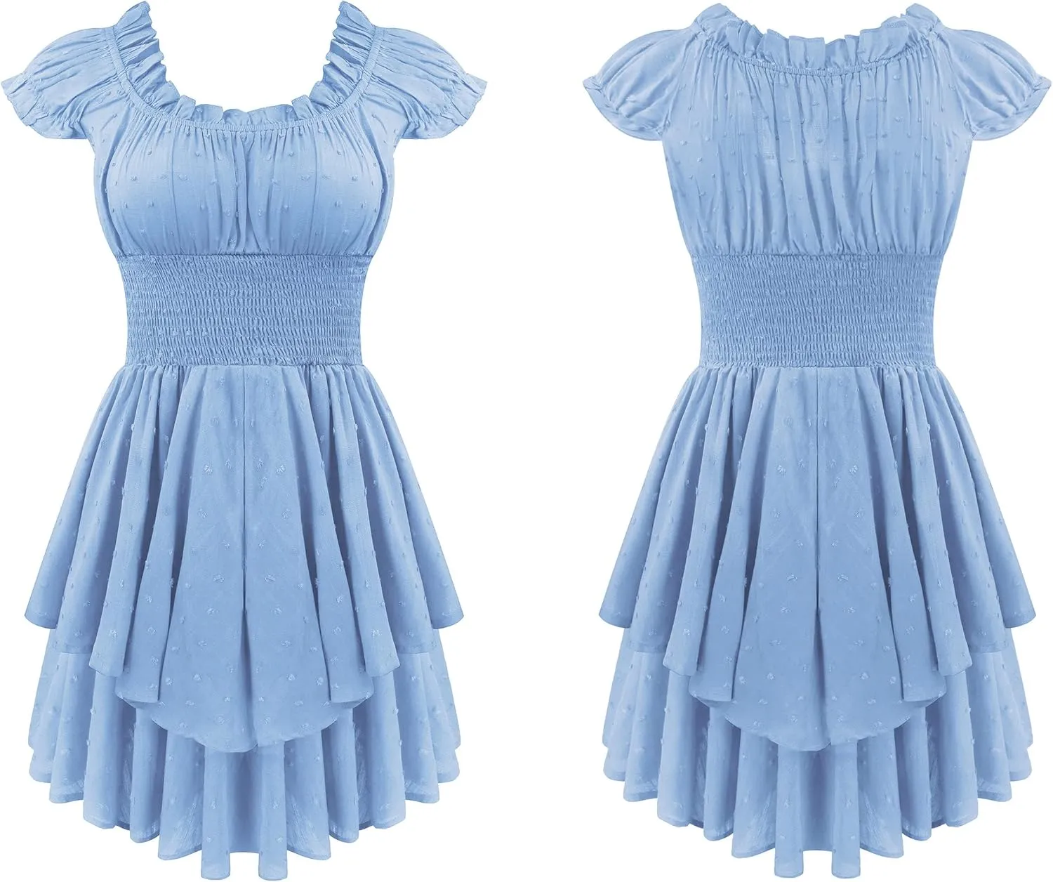 R.Vivimos Women's Summer Cotton Puff Sleeves Layered Ruffles Casual Boho Swing Mini Dresses