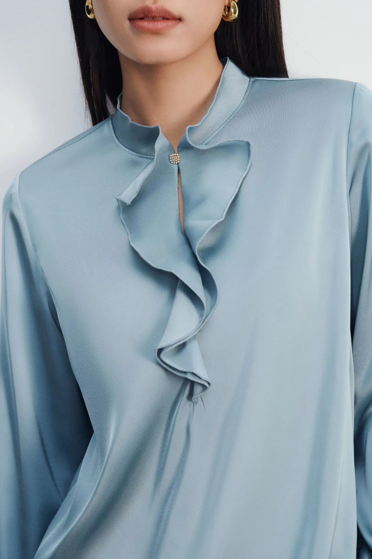 Satin Stand Collar Ruffled Long Sleeves Blouse