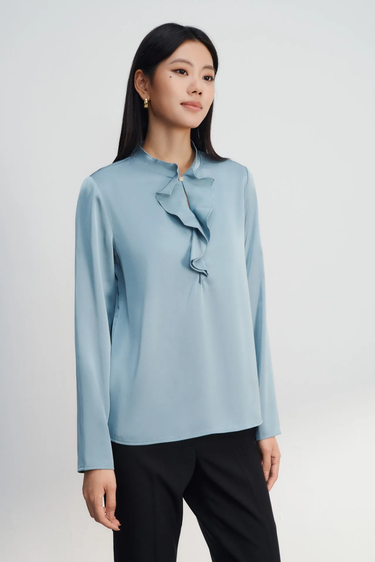 Satin Stand Collar Ruffled Long Sleeves Blouse