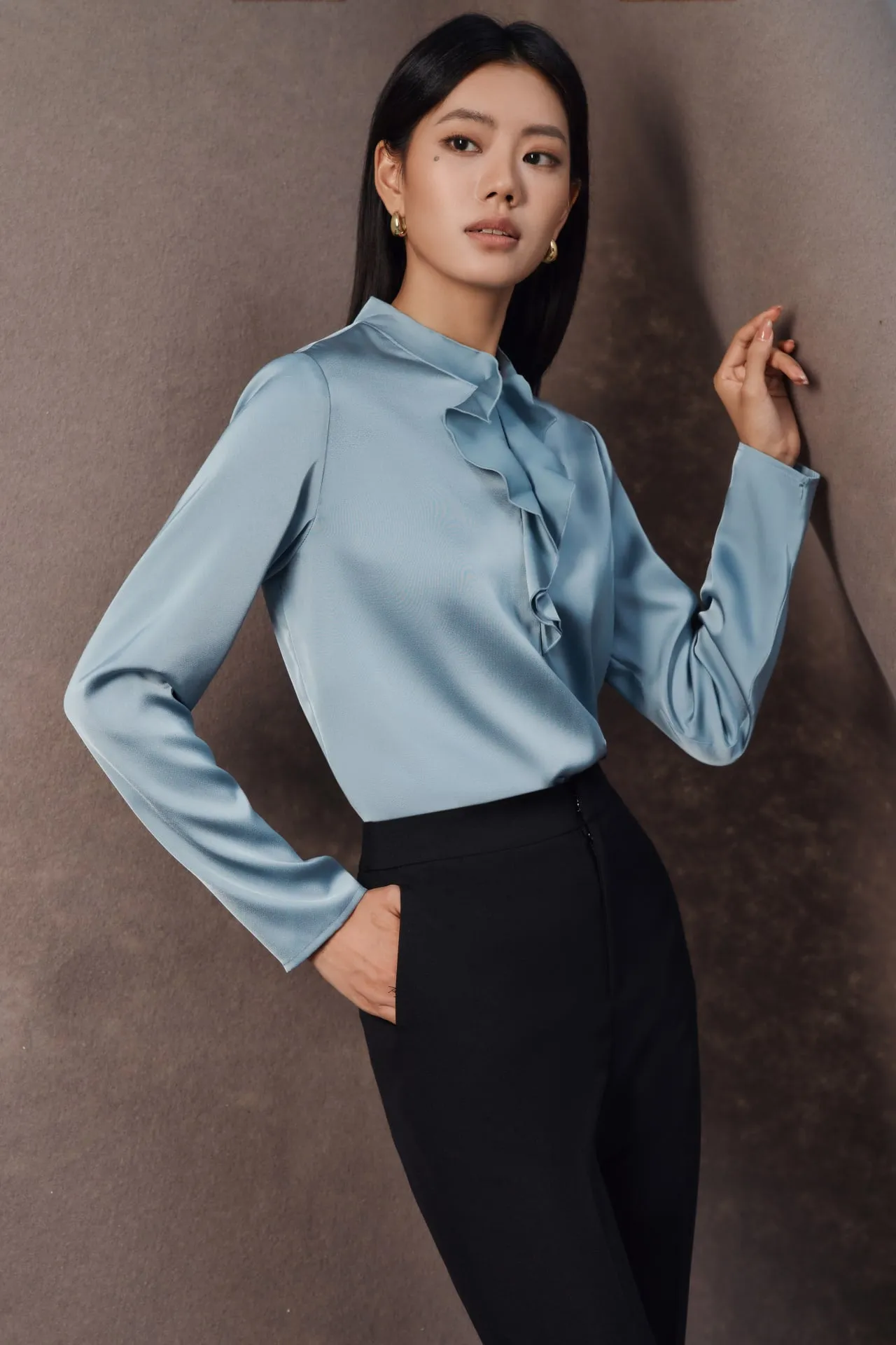 Satin Stand Collar Ruffled Long Sleeves Blouse
