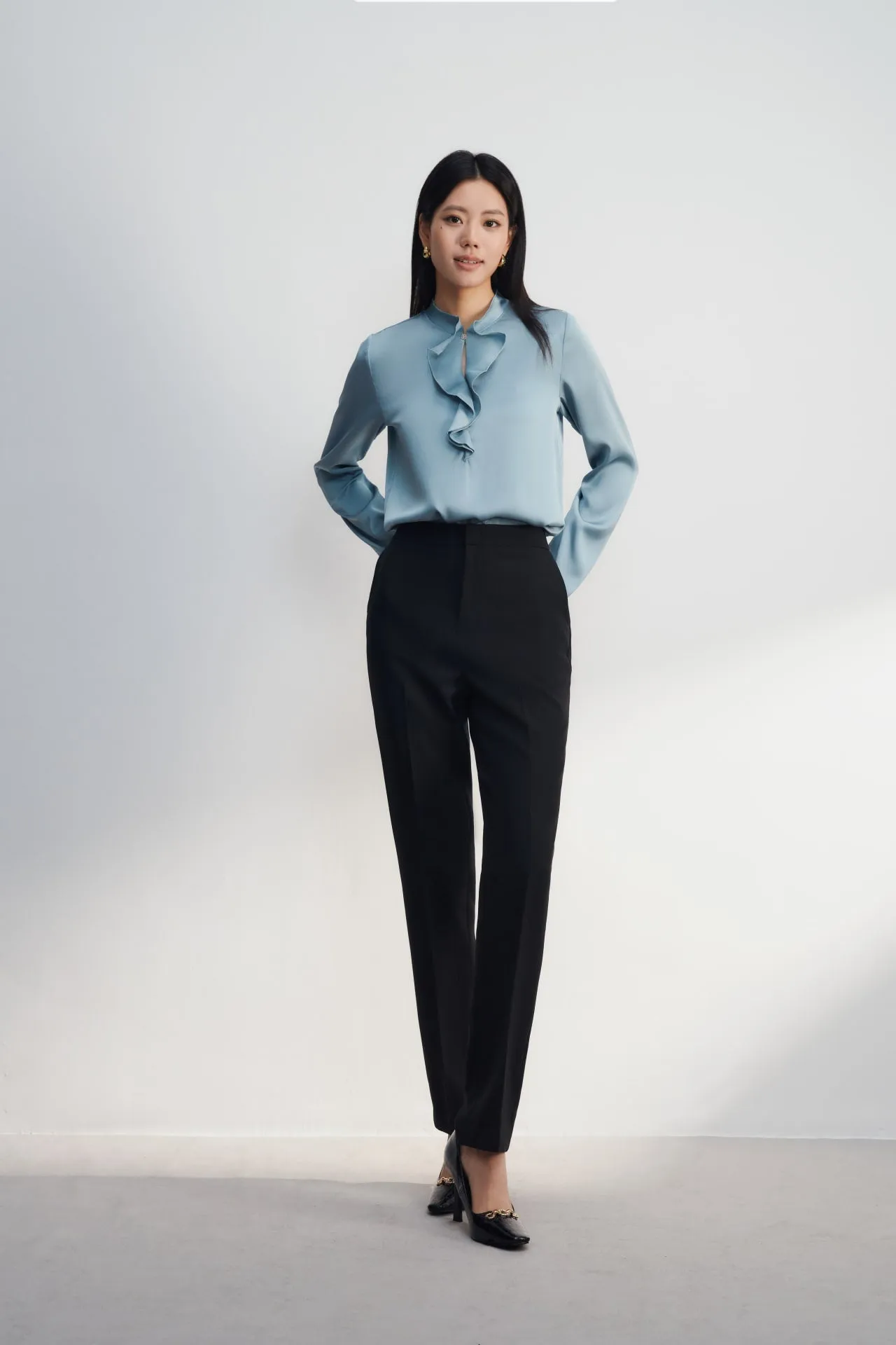 Satin Stand Collar Ruffled Long Sleeves Blouse