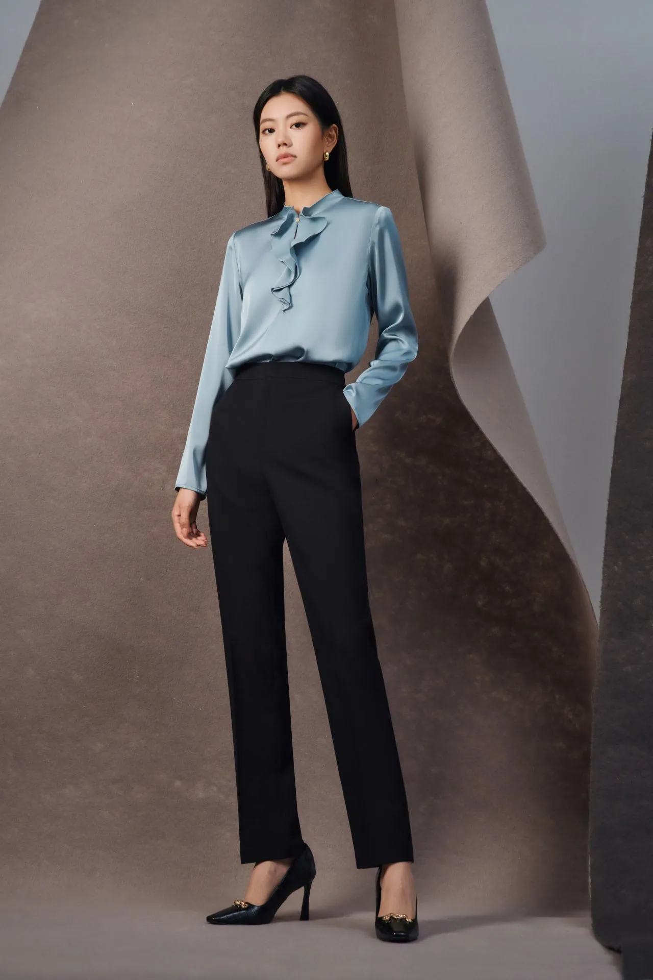 Satin Stand Collar Ruffled Long Sleeves Blouse