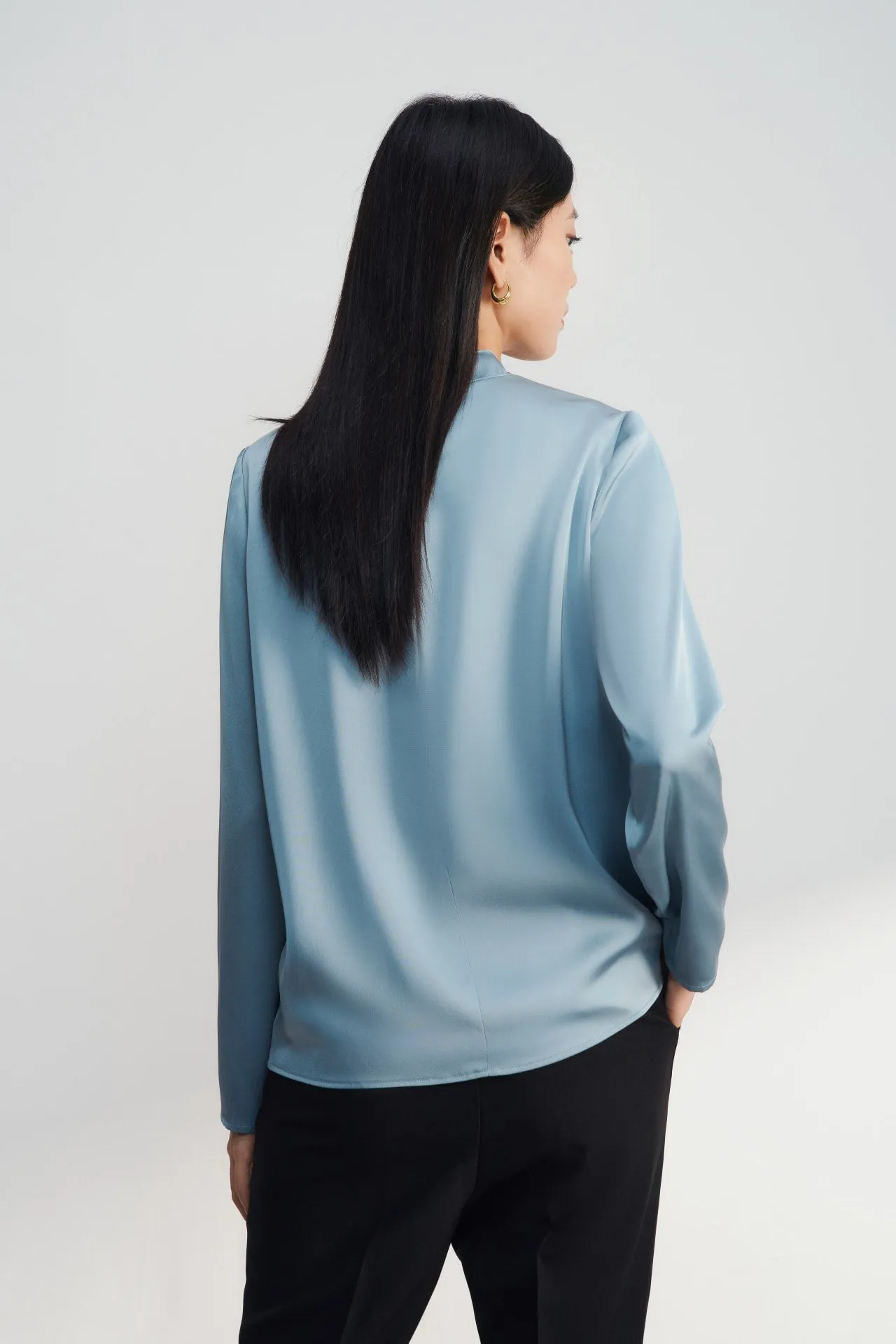 Satin Stand Collar Ruffled Long Sleeves Blouse