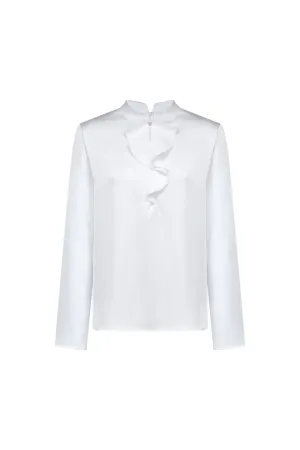 Satin Stand Collar Ruffled Long Sleeves Blouse
