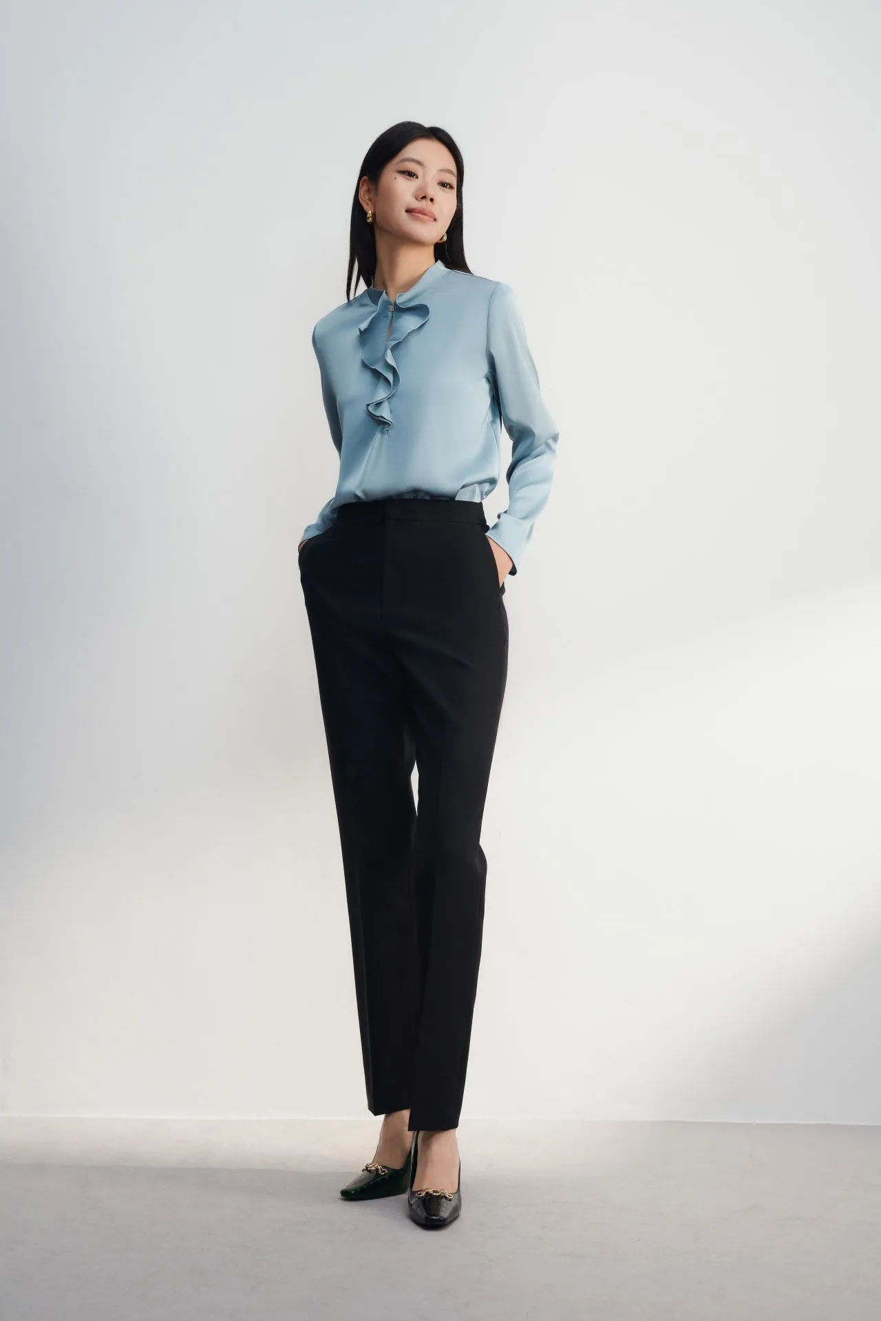 Satin Stand Collar Ruffled Long Sleeves Blouse