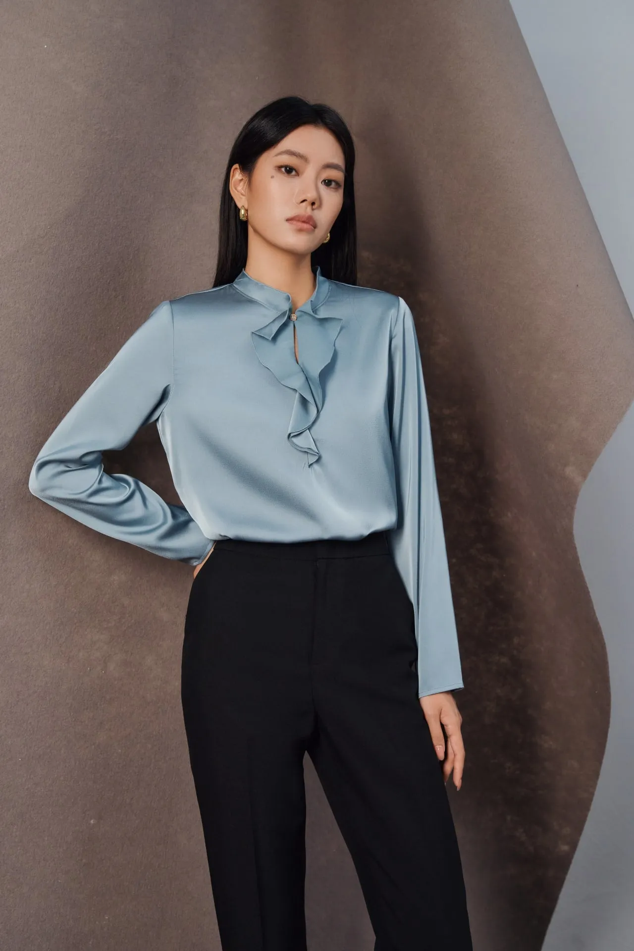 Satin Stand Collar Ruffled Long Sleeves Blouse