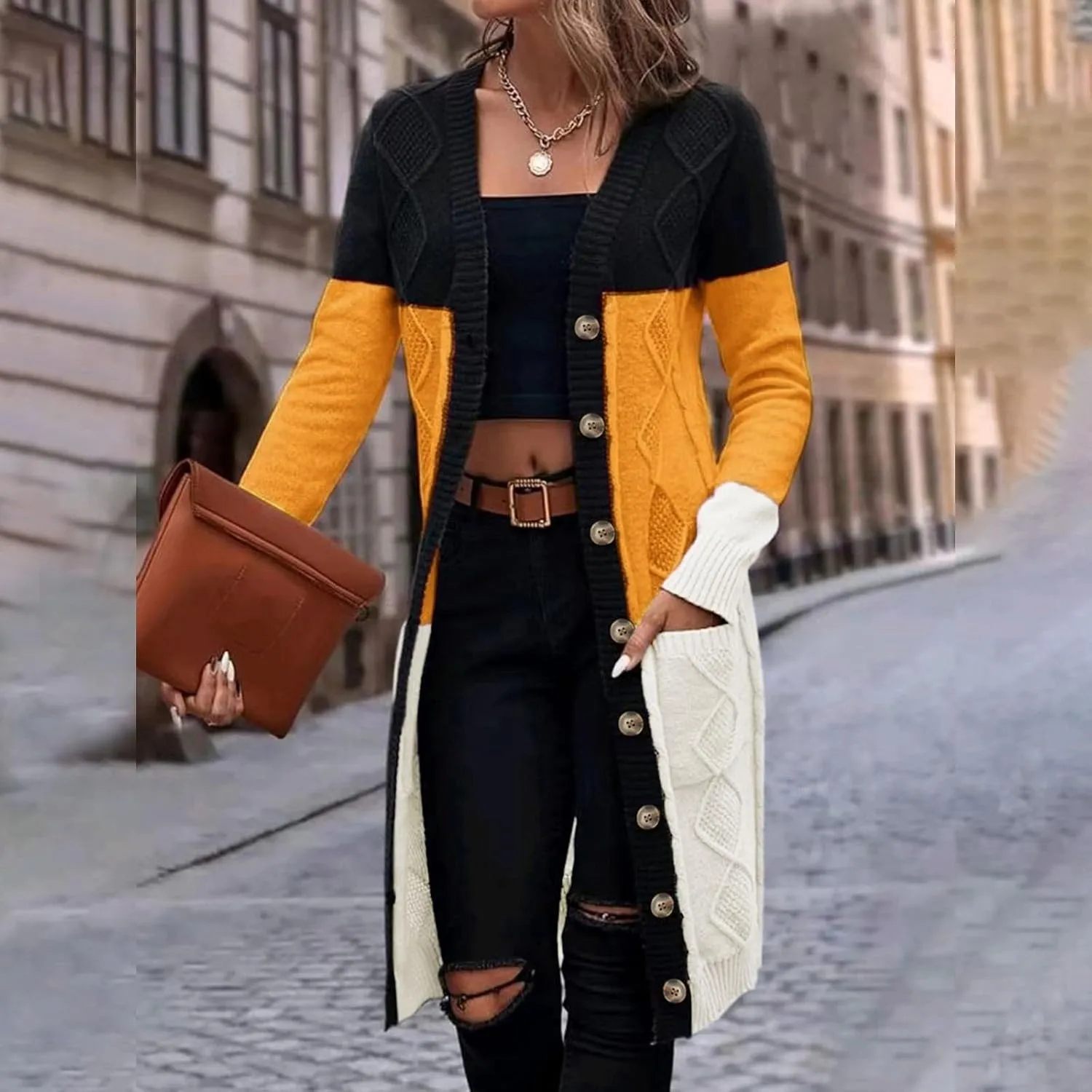 SHAOBGE Winter Clothes For Women Cardigan European And American Solid Color Mid Length Coarse Sweater Sweater