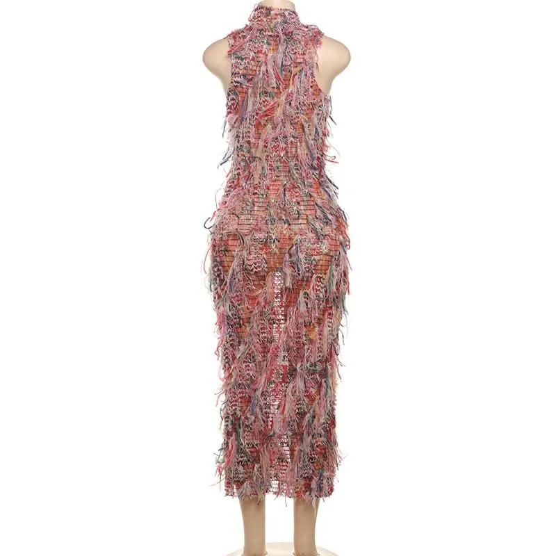 Sleeveless textured ruffle midi dress
