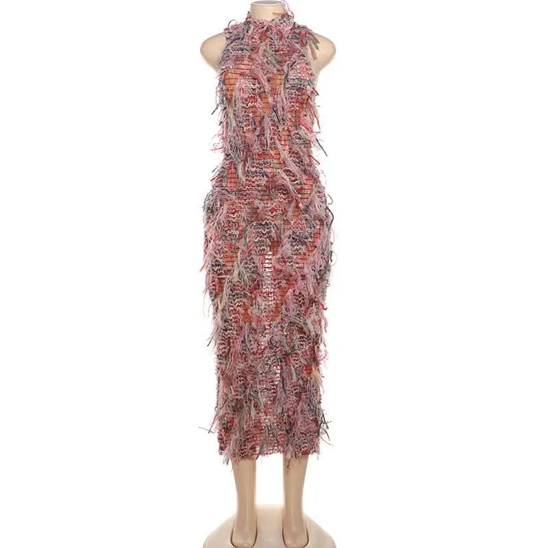 Sleeveless textured ruffle midi dress