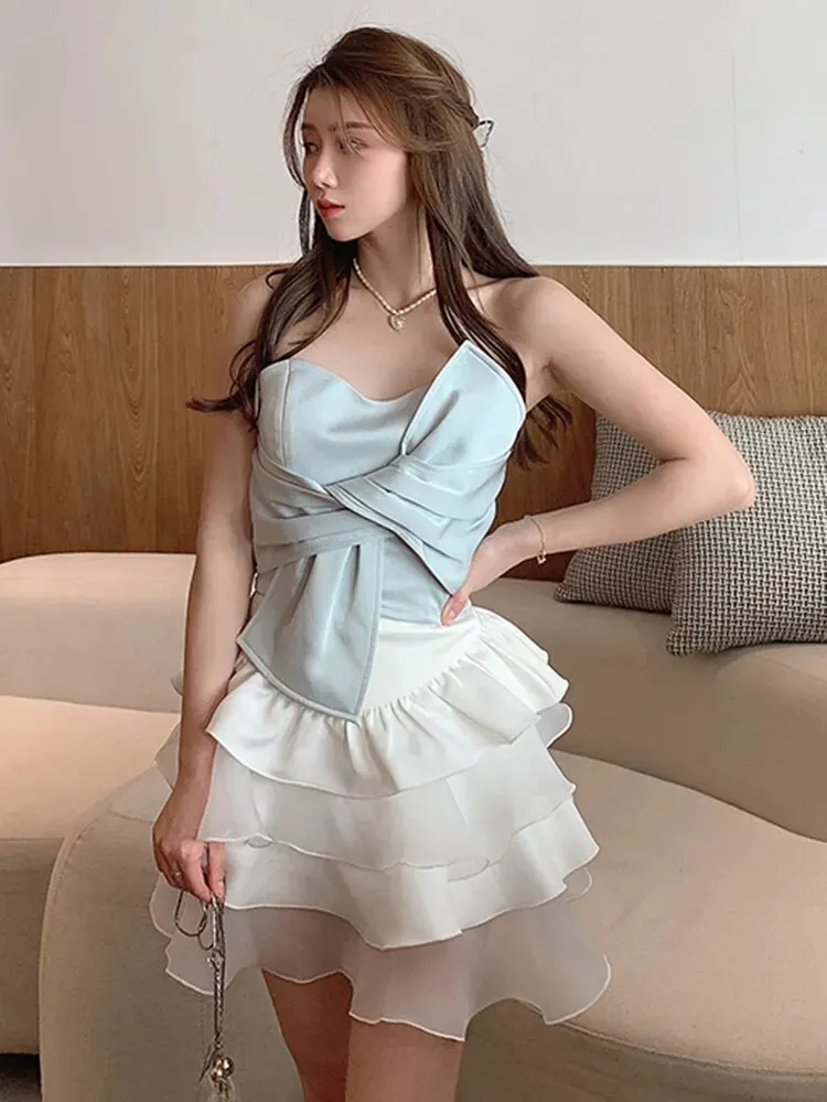 Slim Irregular Tank Tops For Women Square Collar Sleeveless Patchwork Bowknot Solid Vests Female Summer Clothes