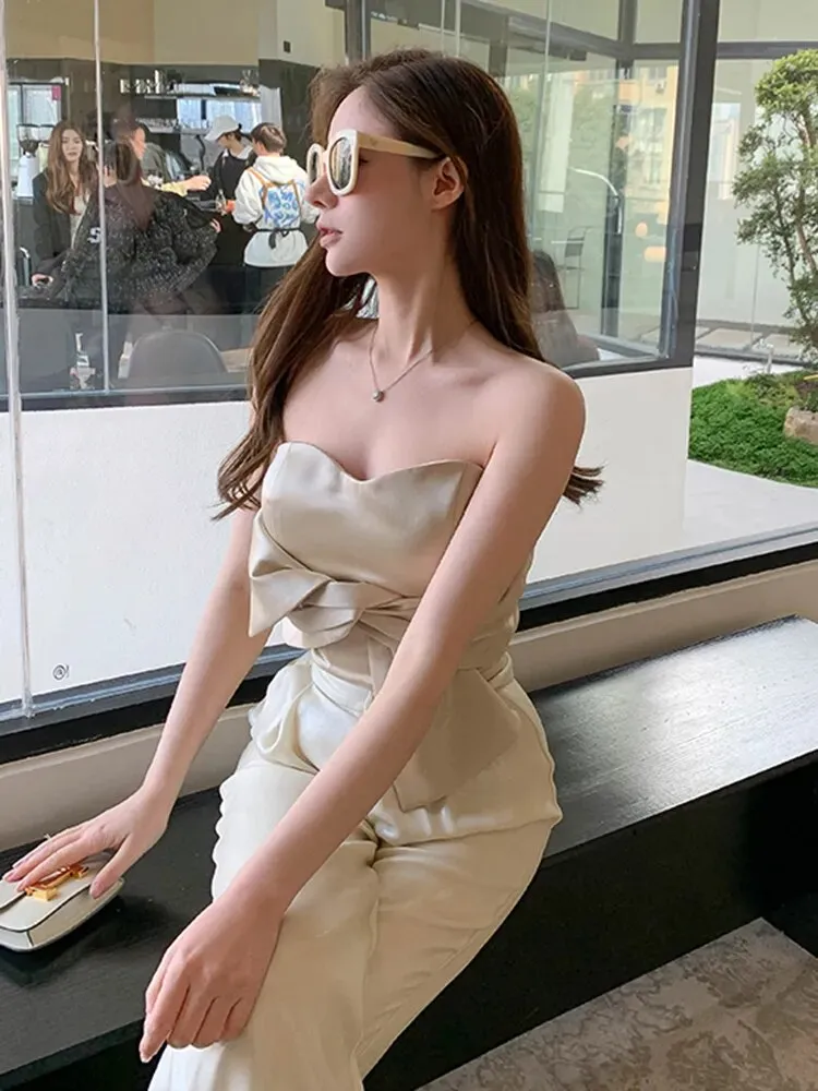 Slim Irregular Tank Tops For Women Square Collar Sleeveless Patchwork Bowknot Solid Vests Female Summer Clothes