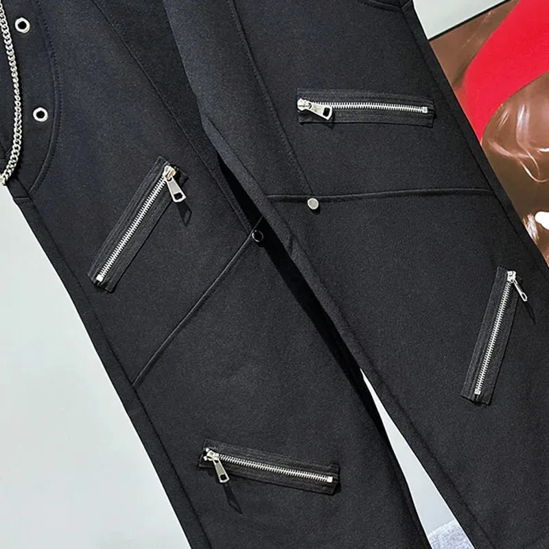 Solid Multi Zipper Patchwork Loose Pants