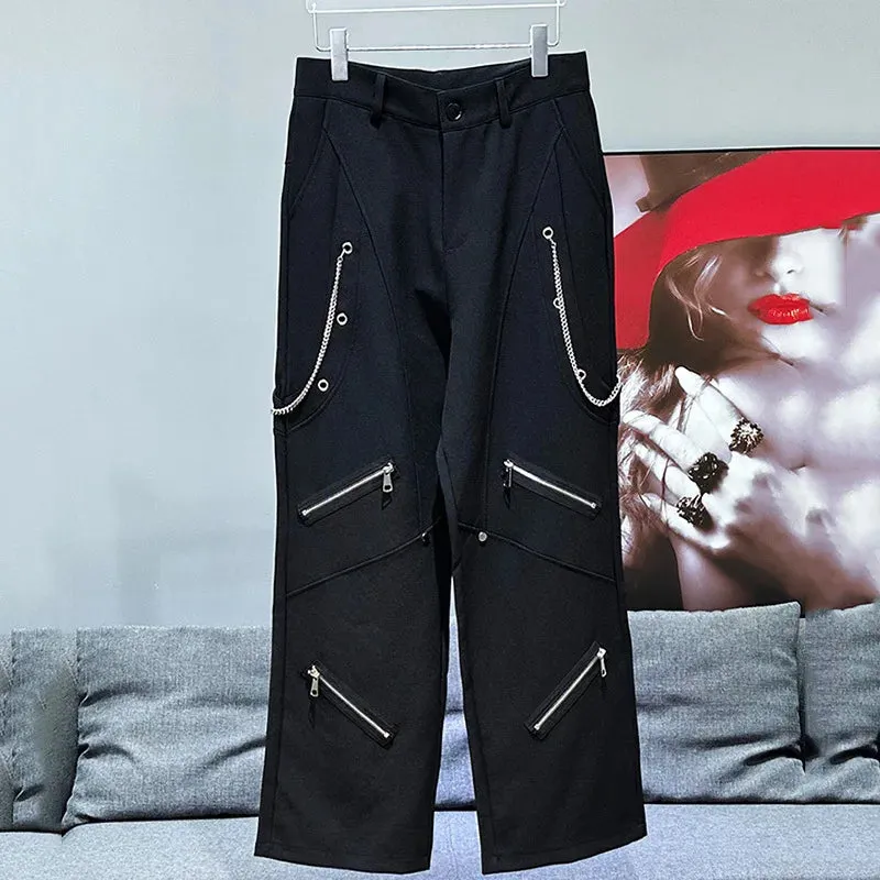 Solid Multi Zipper Patchwork Loose Pants