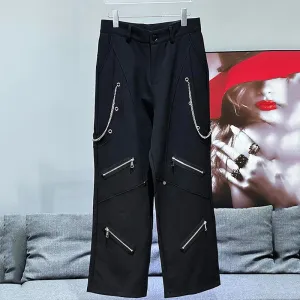 Solid Multi Zipper Patchwork Loose Pants